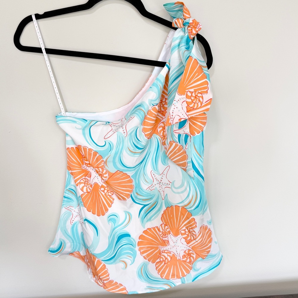 Lilly Pulitzer Do The Wave Orange Blue Seashell Starfish Silk One Shoulder Top 4